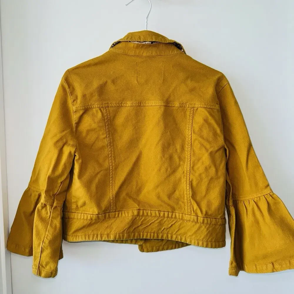 ANTHROPOLGIE Nora Flounce-Sleeved Trucker Short Jacket Small Mustard 3/4 Sleeve - Picture 7 of 11